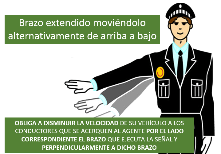 Señales de los agentes de tráfico brazo extendido moviéndolo alternativamente de arriba a bajo